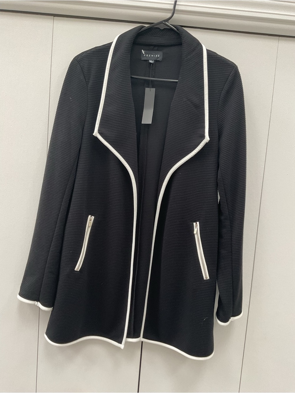 Premise Black Open-Front Blazer with White Piping